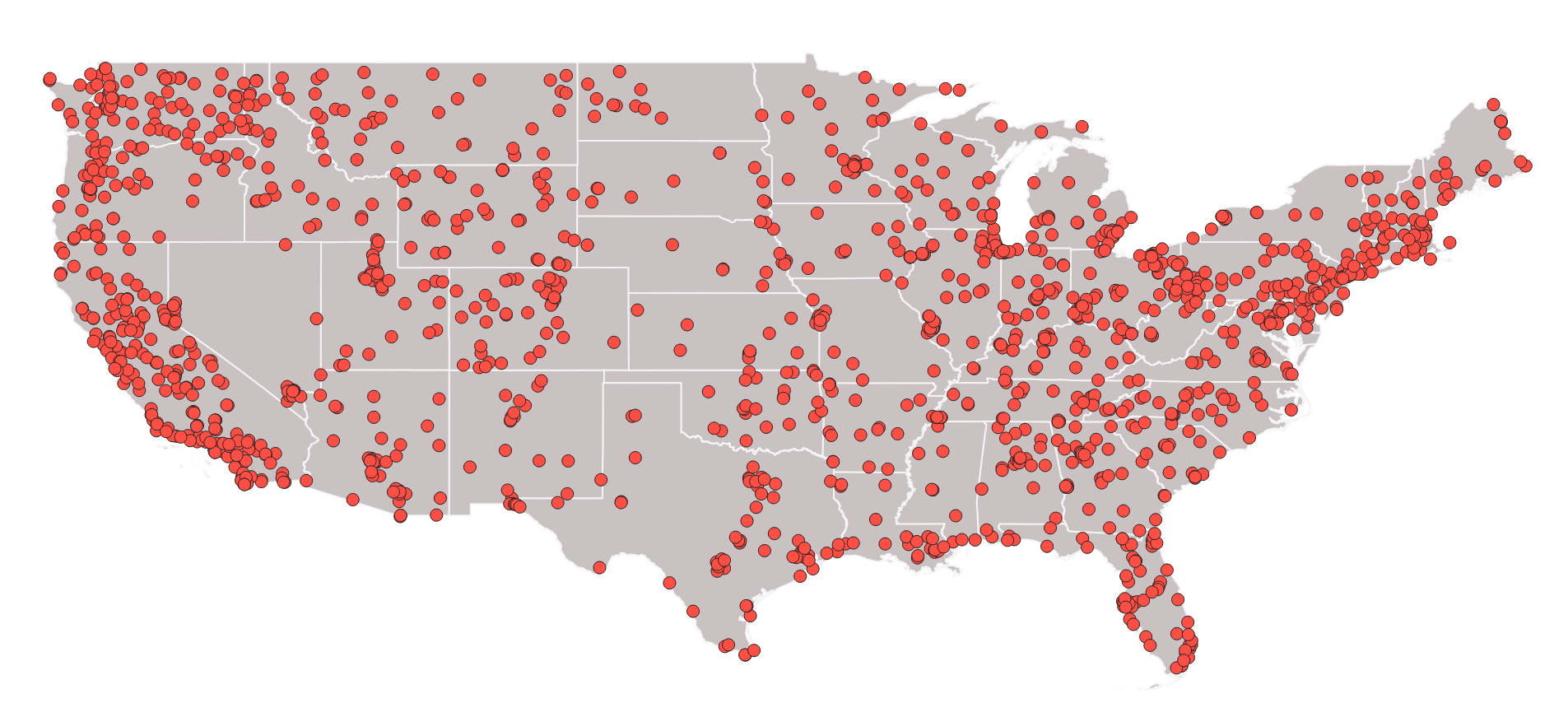 A visualization of Airnow Sensor Distribution over the United States